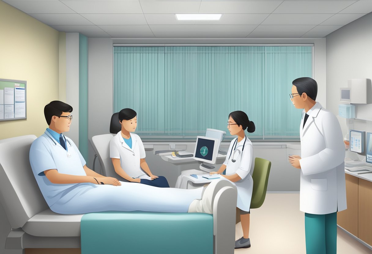A cardiologist in Singapore discussing common conditions and treatments with a patient's family in a hospital consultation room