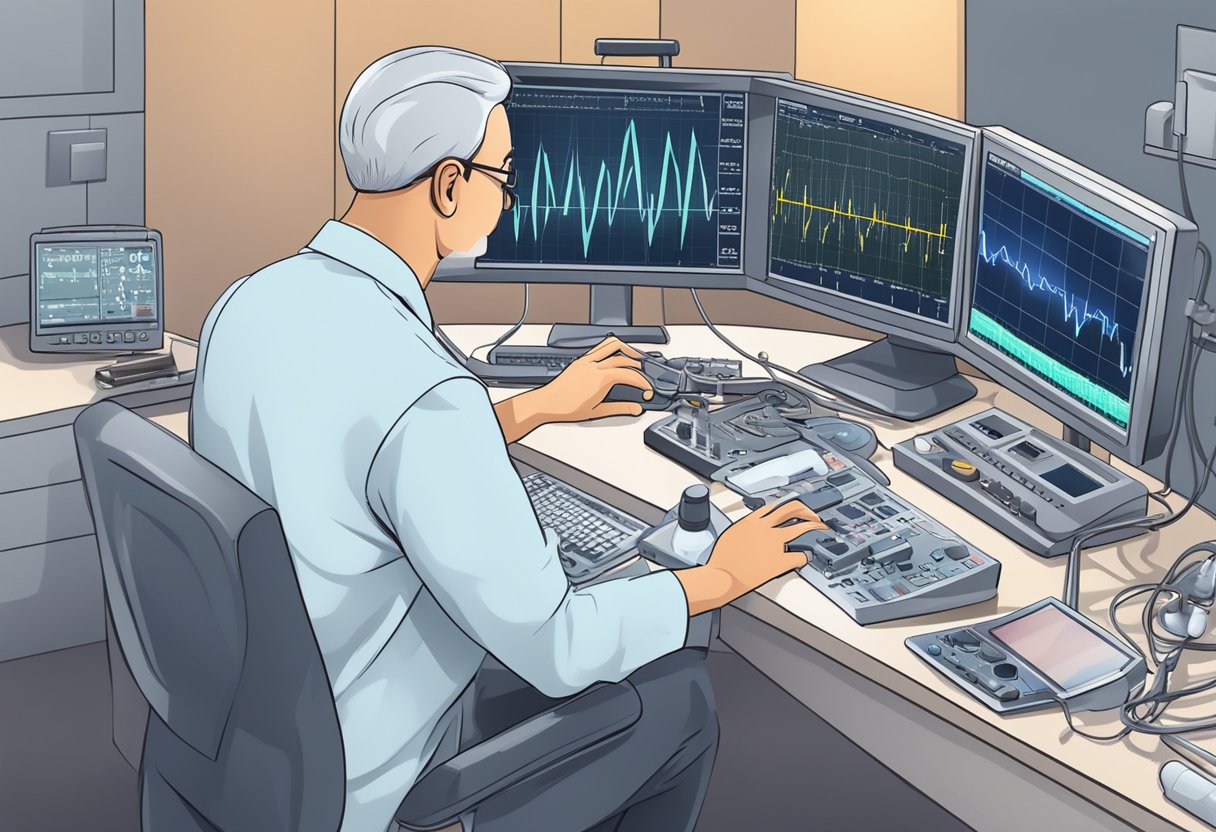 A cardiologist carefully examines a heart monitor, surrounded by medical equipment and charts