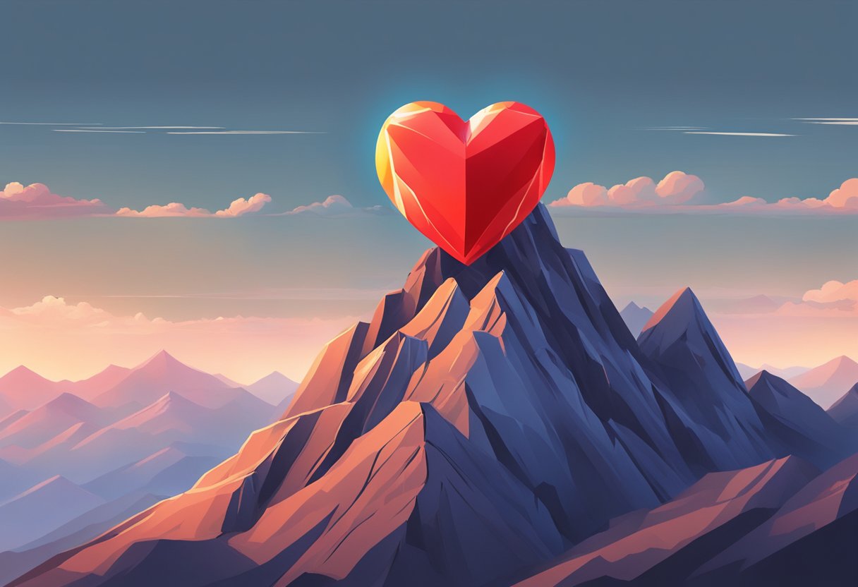 A pulsing red heart atop a mountain peak. The heart beats rapidly, causing the surrounding landscape to vibrate with its intense energy