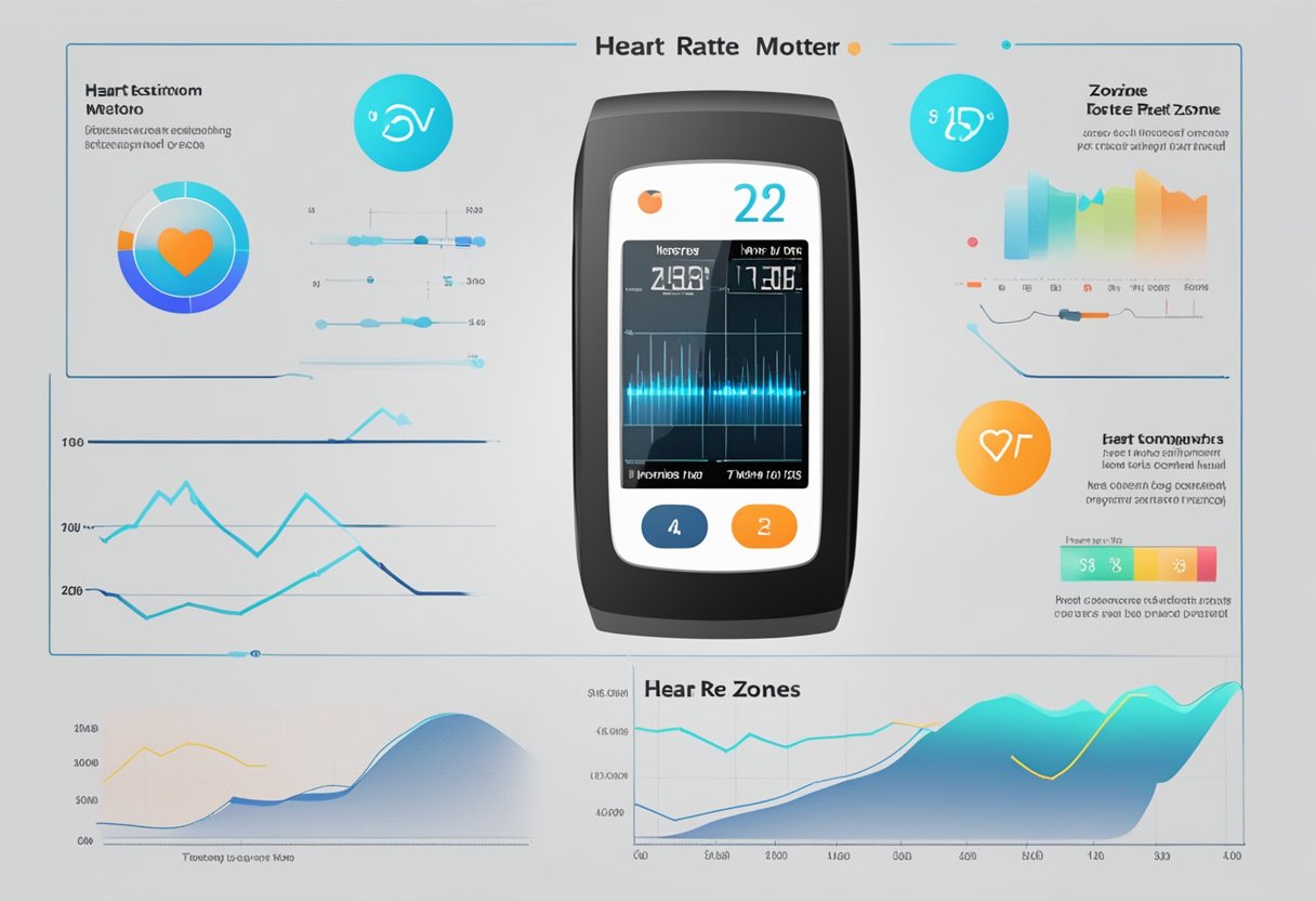 Heart rate monitor displaying different zones, equipment for exercise, and a chart showing practical applications of heart rate zones