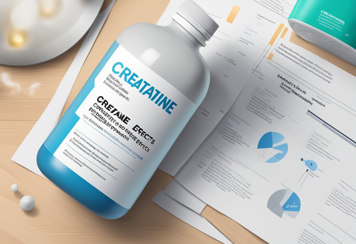 A bottle of creatine sits on a table with a list of FAQs about its potential side effects on the heart