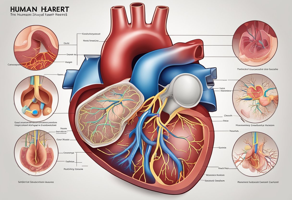 A labeled diagram of the human heart with clear, detailed illustrations of its chambers, valves, and major blood vessels