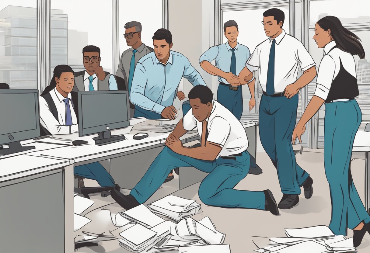 Employees rushing to aid a collapsed coworker, calling for help, and performing CPR in an office setting