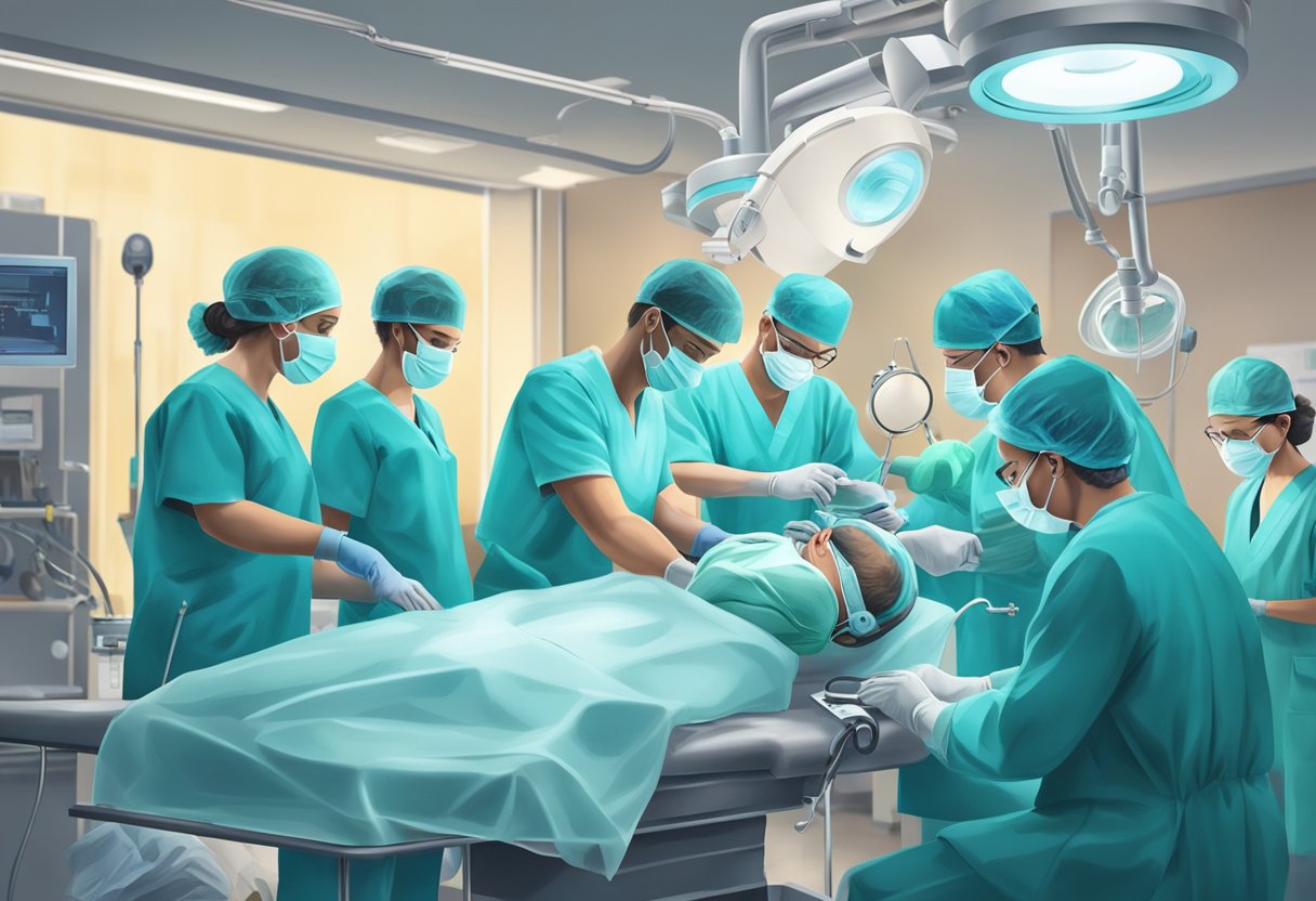 A surgeon performing open heart surgery, surrounded by medical equipment and a team of focused medical professionals