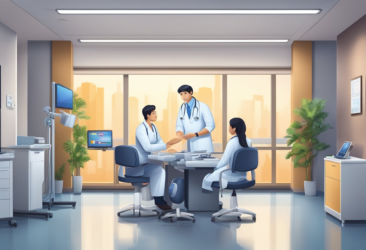 A cardiologist in Singapore answers common questions in a modern clinic setting with medical equipment and a welcoming atmosphere