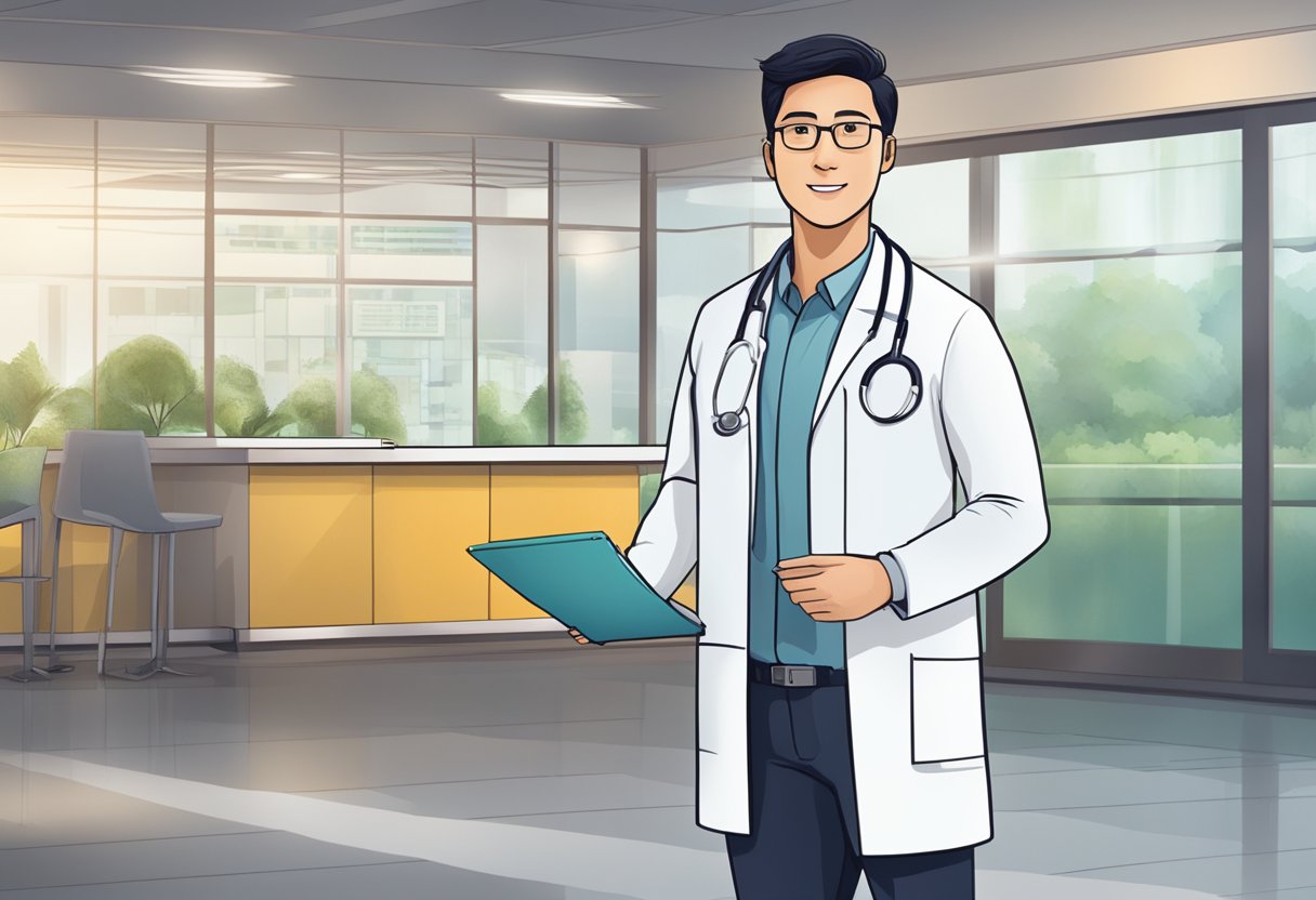 A doctor in a white coat standing in front of a sign that reads "Frequently Asked Questions Singapore Heart Doctor."