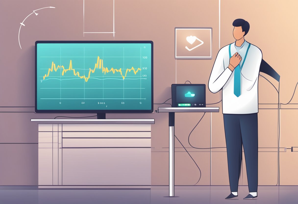 A heart rate monitor displaying a low heart rate, with a person feeling faint and weak
