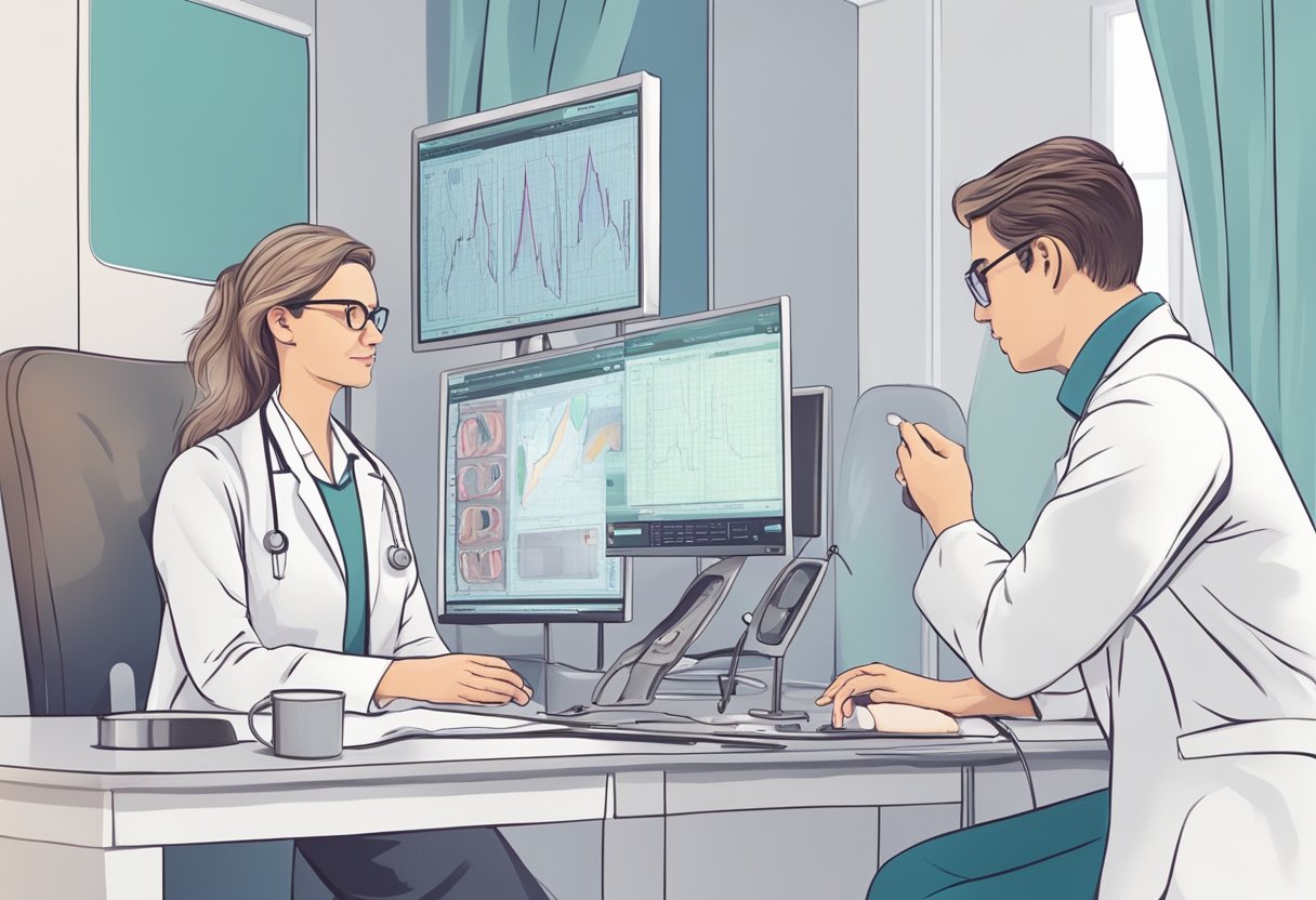 A cardiologist carefully examines a patient's heart scans, noting any abnormalities and discussing treatment options