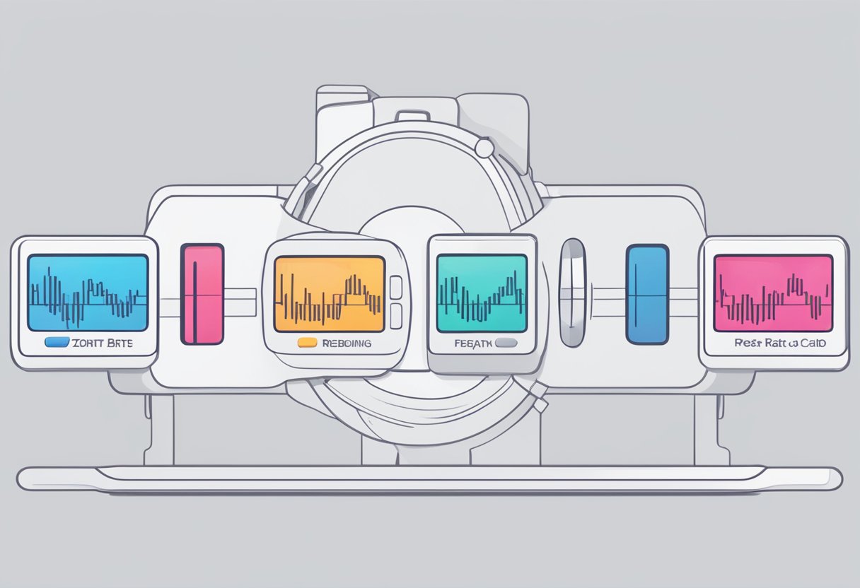 The heart rate monitor displays different zones: resting, fat-burning, cardio, and peak