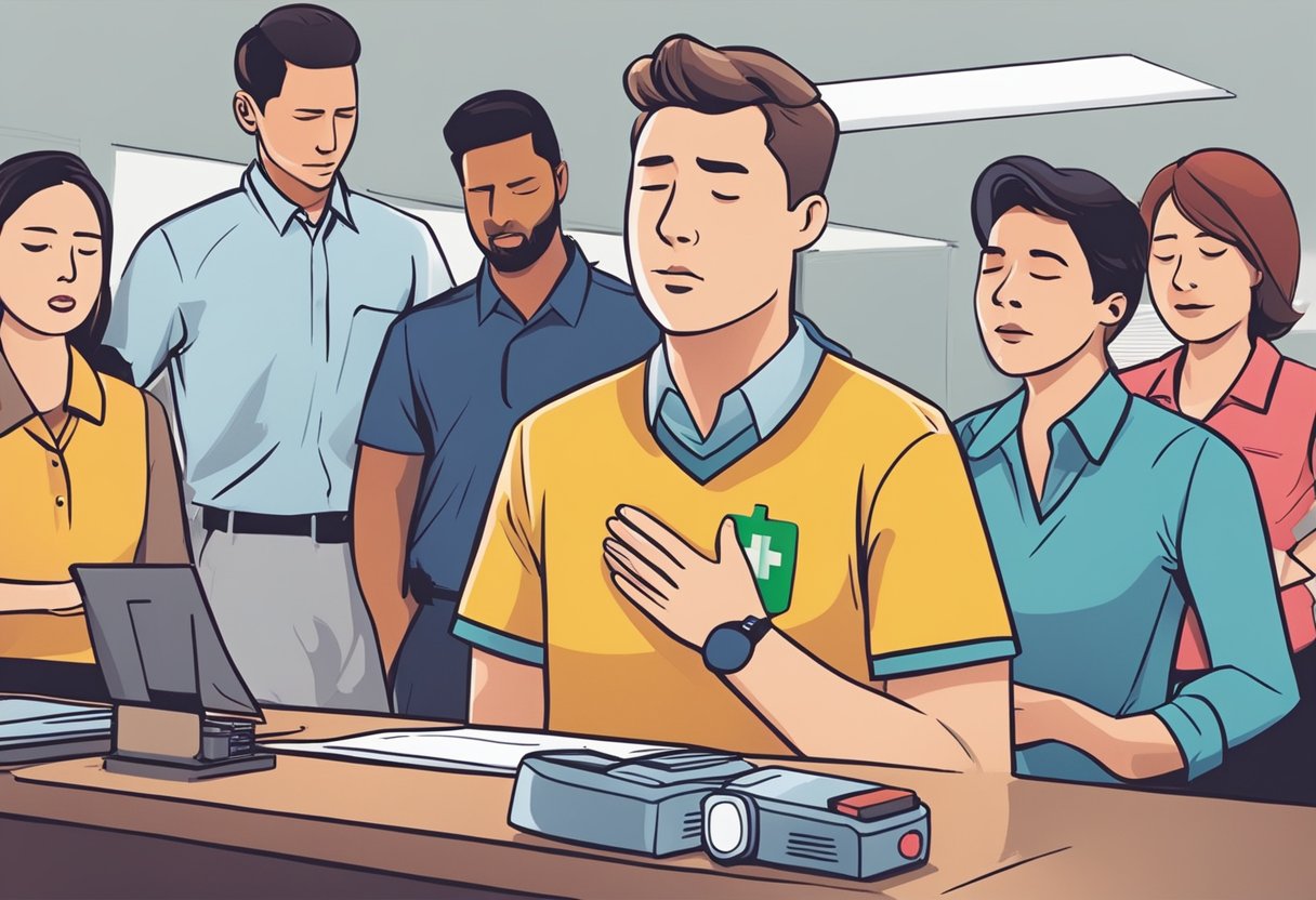 A person at a desk clutches their chest in pain, coworkers gather around, panicked. An AED and emergency kit are visible nearby