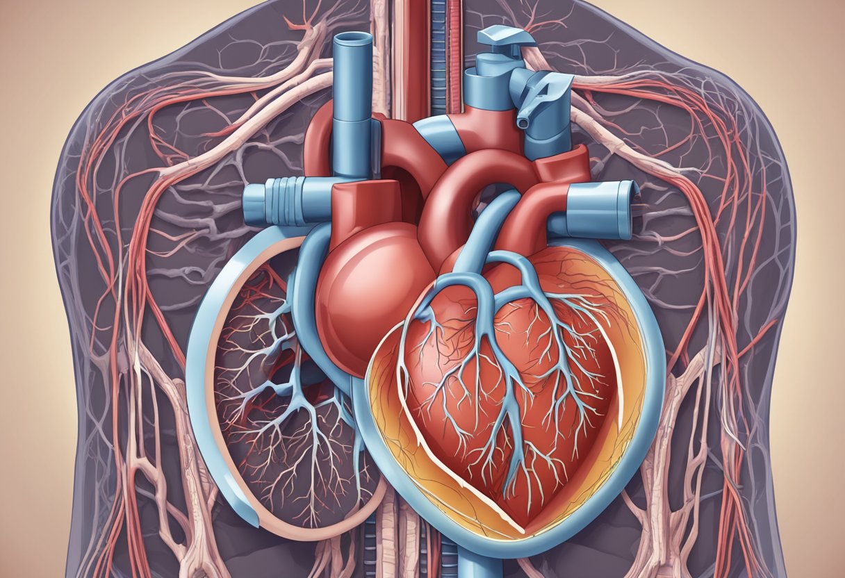A heart with weakened pumping ability, labeled "heart failure" with a low ejection fraction, surrounded by blood vessels