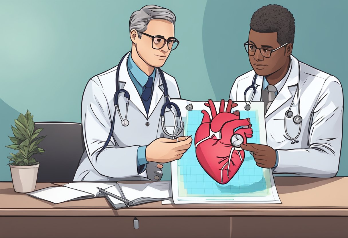 A doctor points to a chart showing heart failure and ejection fraction, while another holds a stethoscope