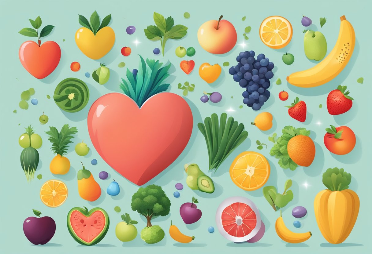 A heart-shaped object pulses steadily outside a body, surrounded by healthy lifestyle symbols like fruits, vegetables, and exercise equipment
