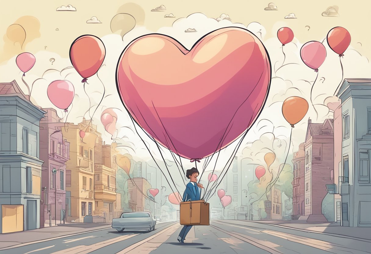 A heart-shaped balloon pulsates outside a body, surrounded by question marks