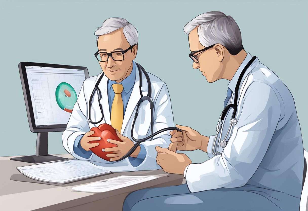 A doctor examines a patient's heart with a stethoscope. They discuss treatment options for coronary heart disease