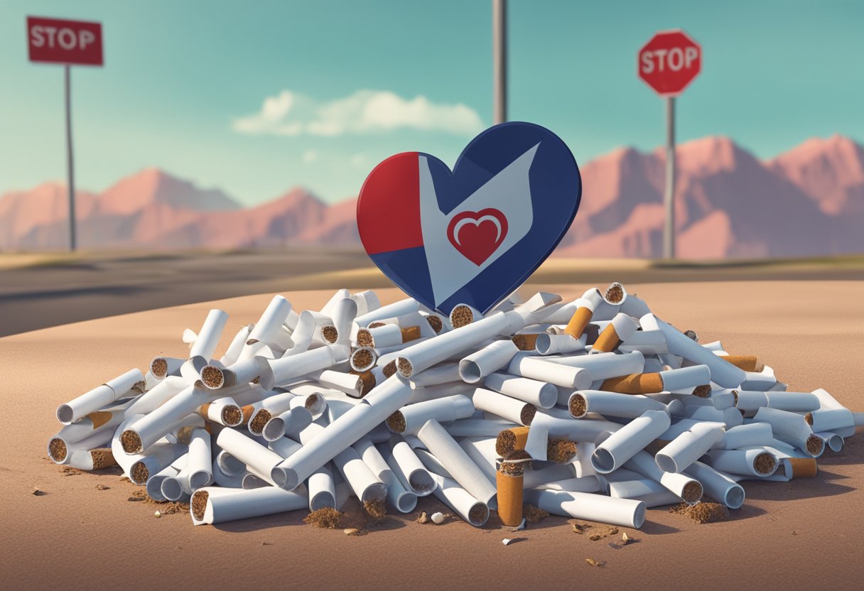 A pile of discarded cigarettes next to a heart-shaped valve, with a stop sign in the background