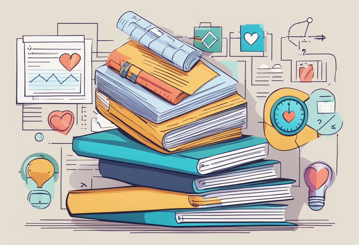 A stack of paper with "Frequently Asked Questions" on top, surrounded by medical diagrams and heart-related images