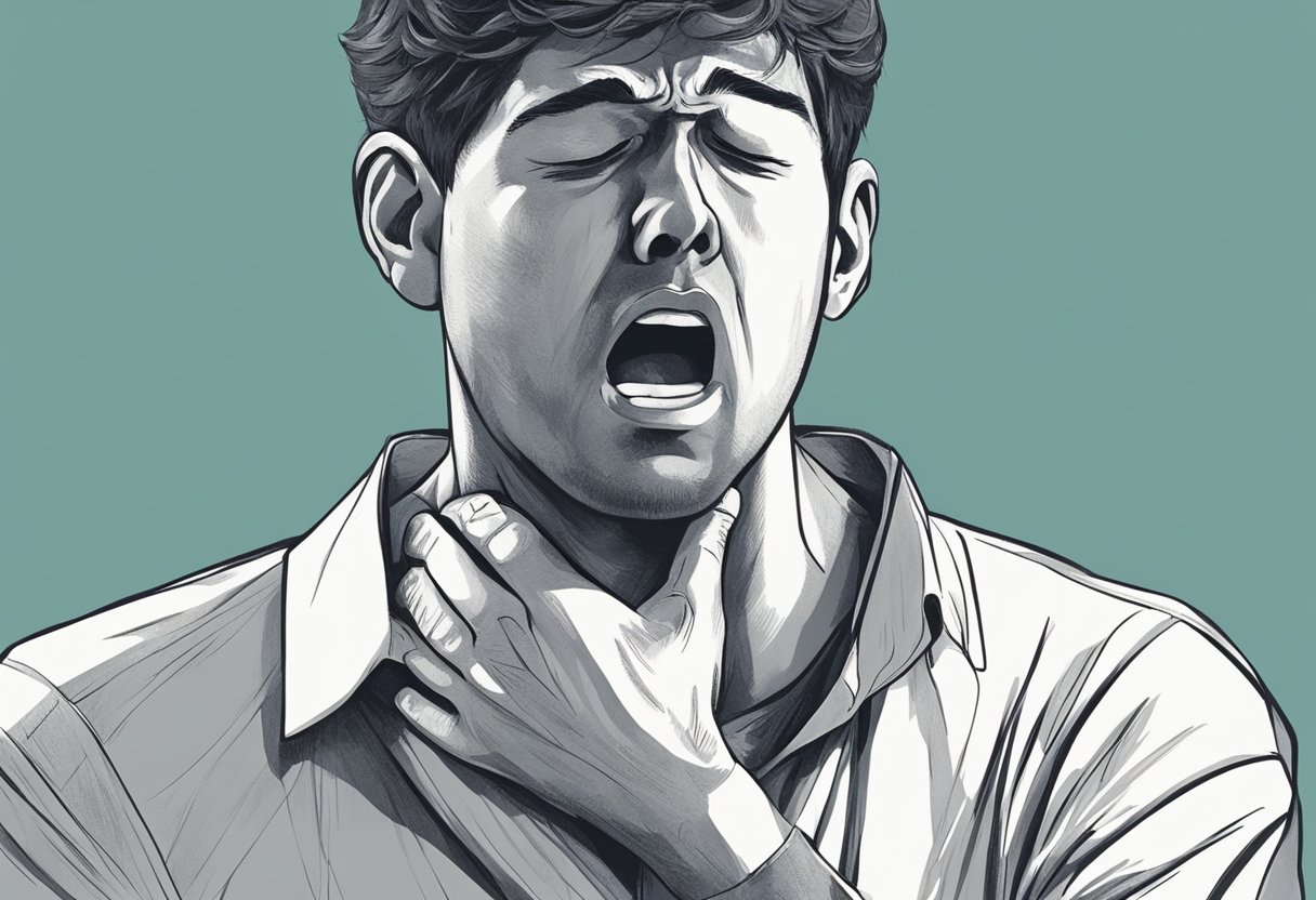 A person clutching their chest in pain, sweat on their brow, with a look of distress on their face
