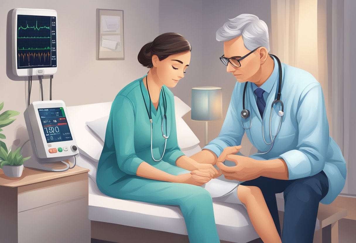 A heart monitor beeping steadily, a doctor checking vital signs, a worried family waiting