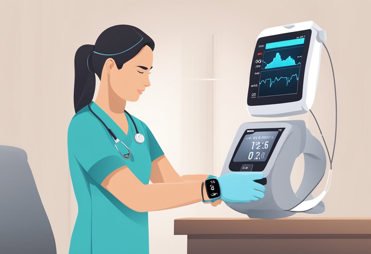 A medical professional adjusting a heart rate monitor on a patient's wrist