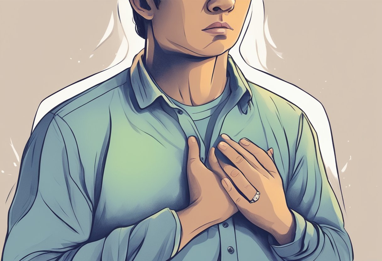 A person clutching their chest, sweating, and experiencing shortness of breath
