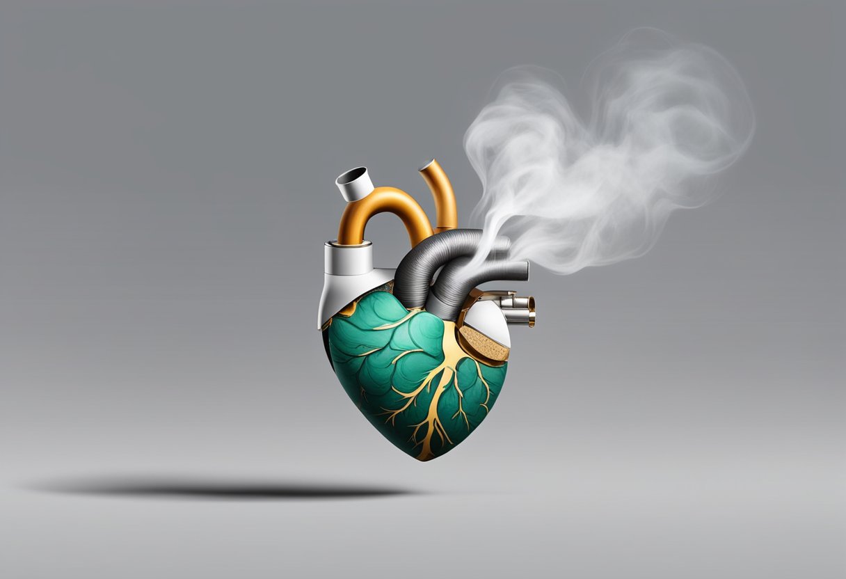 Smoke billows from a cigarette, drifting towards a heart with a valve. The valve appears damaged, with cracks and irregularities
