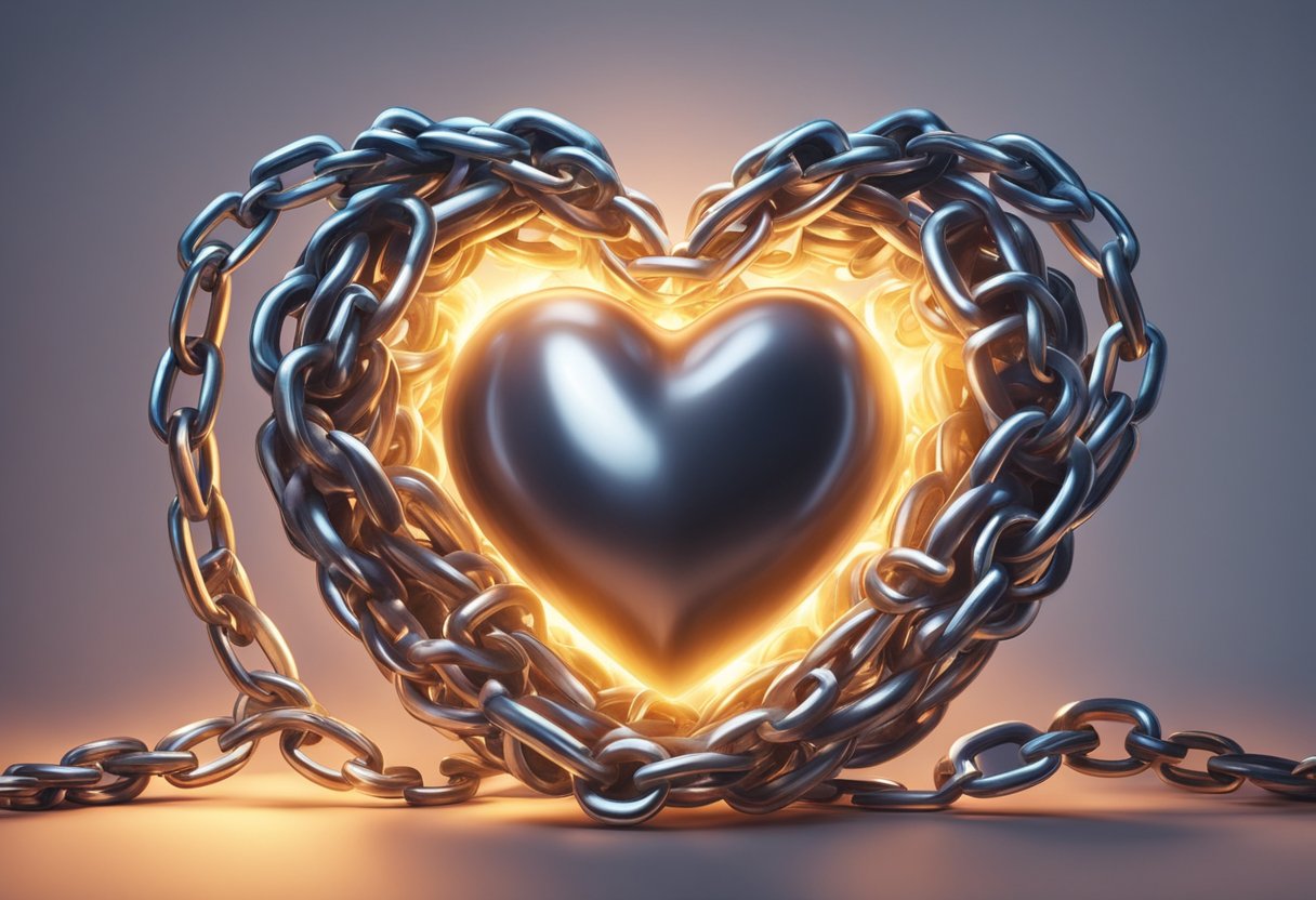 A heart surrounded by broken chains, with a glowing light emanating from within, symbolizing the fight against heart failure