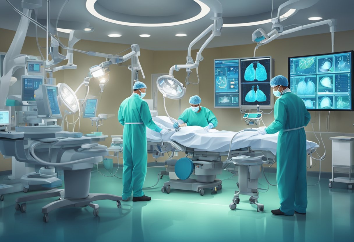 Surgeons perform heart bypass surgery in a brightly lit operating room, surrounded by medical equipment and monitors