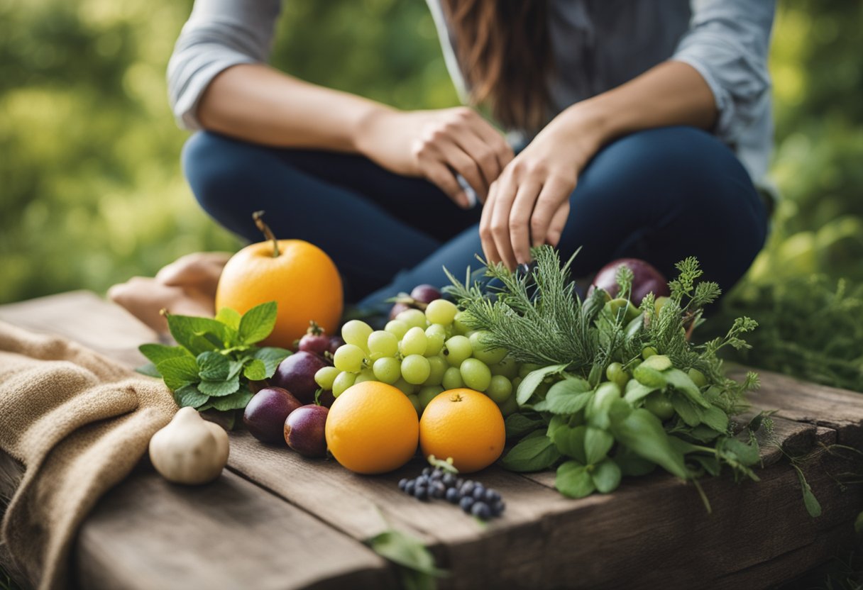 A serene outdoor scene with various natural elements like herbs, plants, and fruits arranged around a knee, symbolizing natural treatments for knee pain