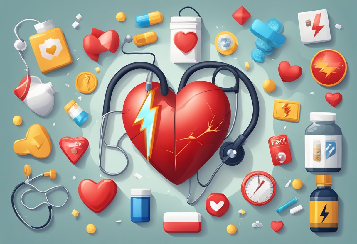 A red heart with a lightning bolt through it, surrounded by warning signs such as a stethoscope, pills, and a healthy heart symbol