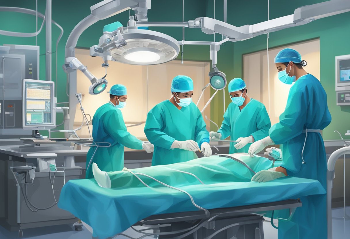 Surgeons perform heart bypass surgery in a sterile operating room, using intricate tools and monitors, with a patient lying on the table