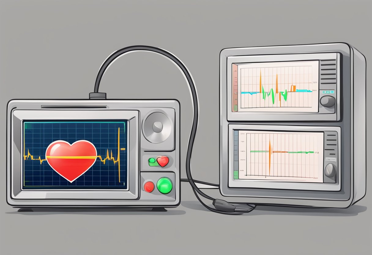 A red heart monitor beeping rapidly, with a flashing number indicating a dangerously high heart rate