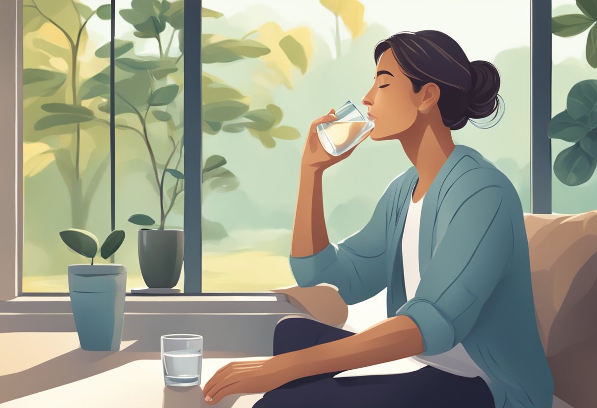 A person sits calmly, taking deep breaths. They sip on a glass of water and focus on a peaceful, serene environment