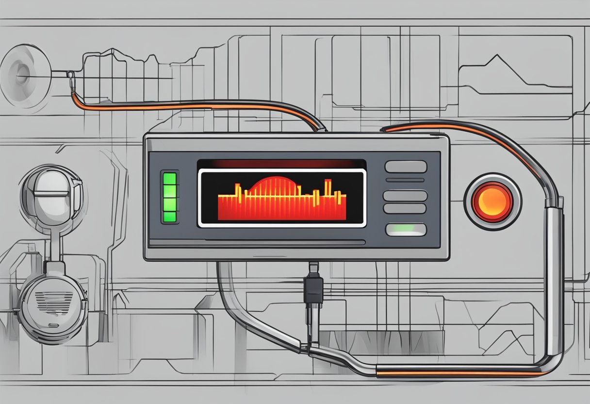 A heart rate monitor beeping rapidly, with a red warning light flashing