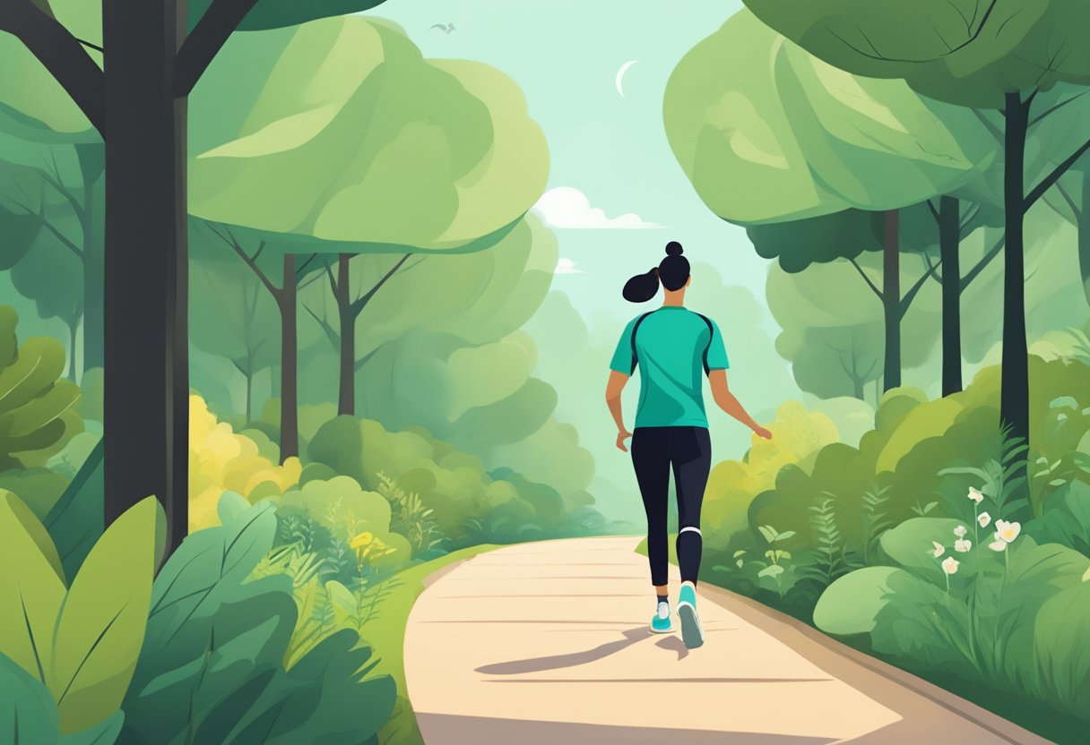 A person walking briskly on a path, surrounded by greenery. A fitness tracker on their wrist shows an elevated heart rate