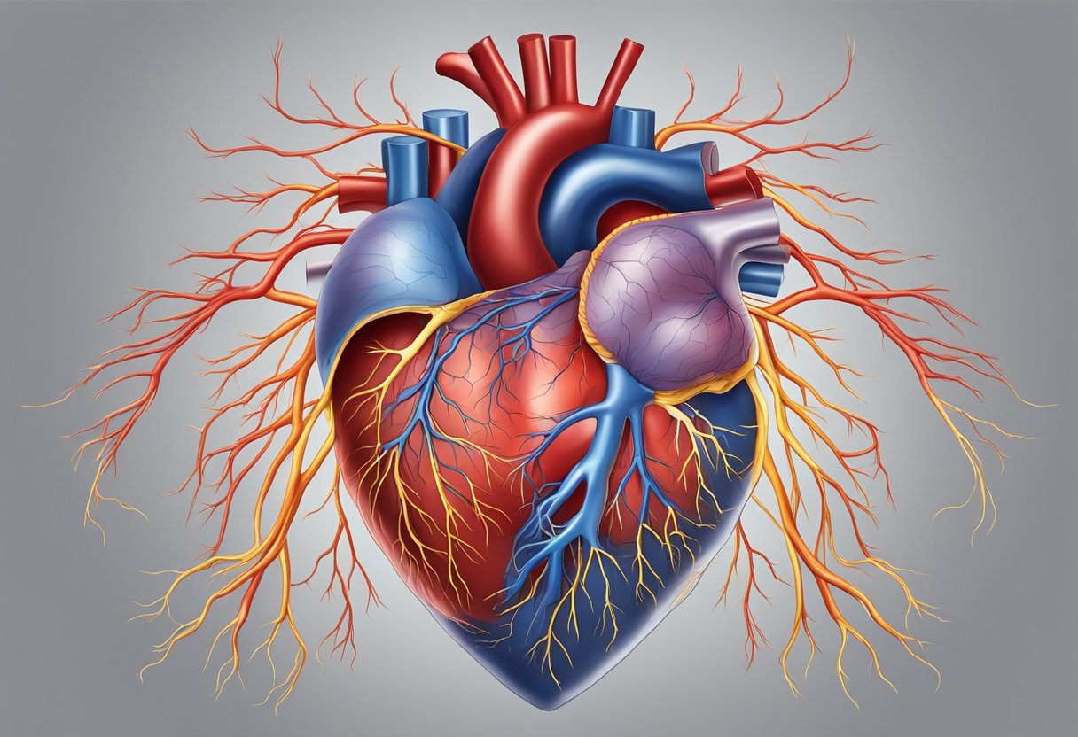 A heart with narrowed arteries, blood struggling to flow, causing chest pain
