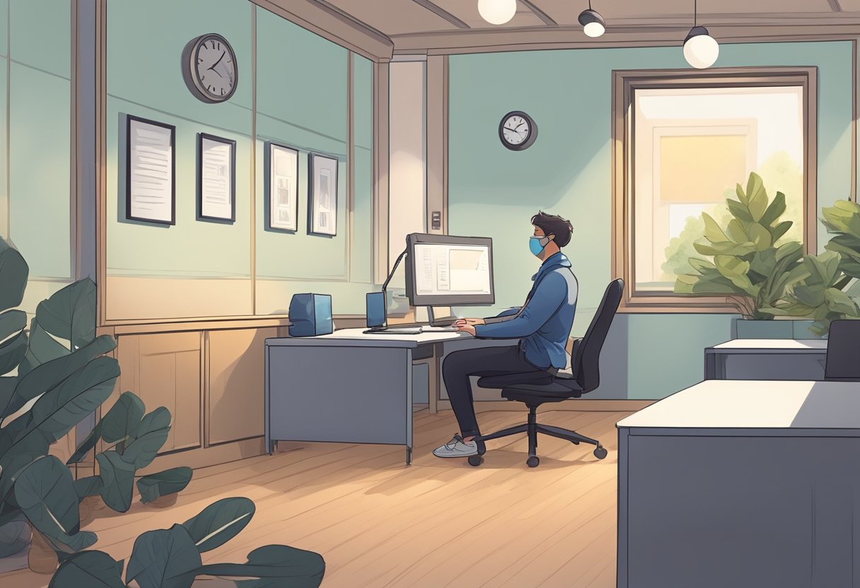 A person sits in a quiet room, focusing on deep breathing. A clock on the wall ticks softly. The person's chest rises and falls rhythmically as their heart rate slows
