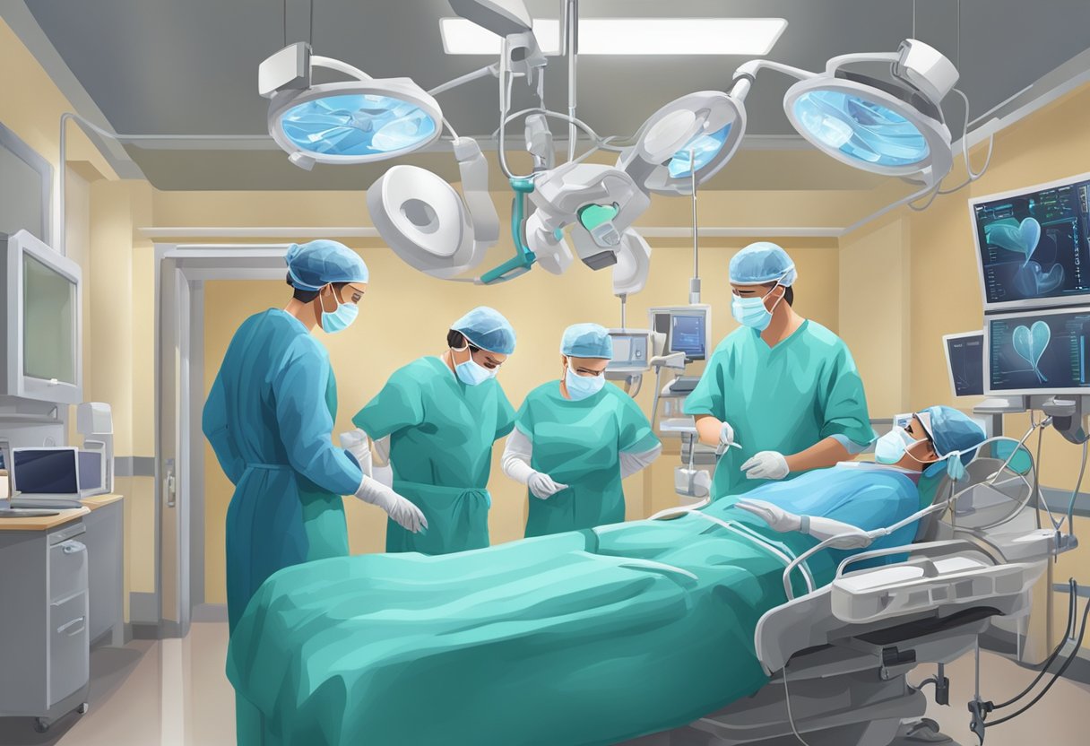 A surgical team performs heart bypass surgery. A patient recovers in a hospital room