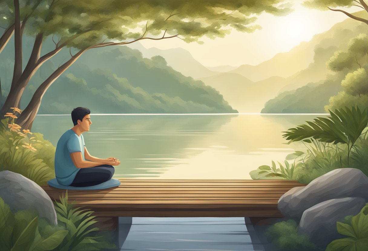 A calm, serene setting with a person practicing deep breathing and mindfulness to stop heart palpitations