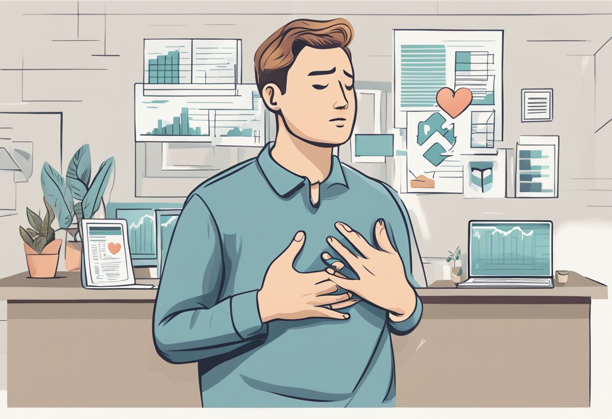 A person clutching their chest in pain, with a "Frequently Asked Questions about Heart Attacks" sign in the background