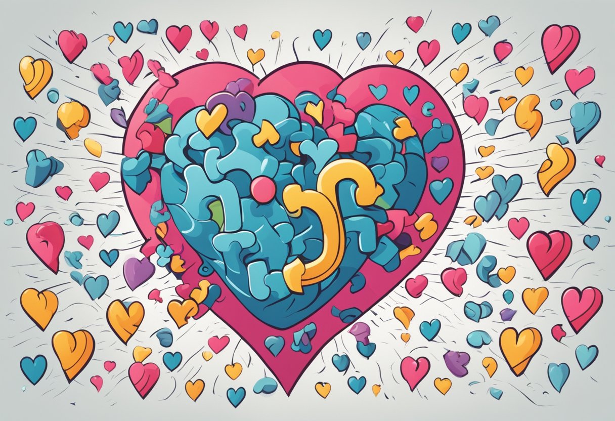 A heart pulsating rapidly, surrounded by question marks and a puzzled expression