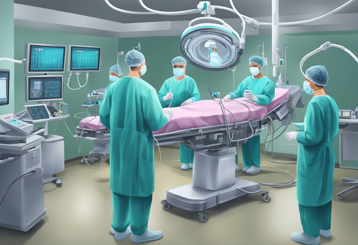 Surgeons perform heart bypass surgery in an operating room with medical equipment and monitors