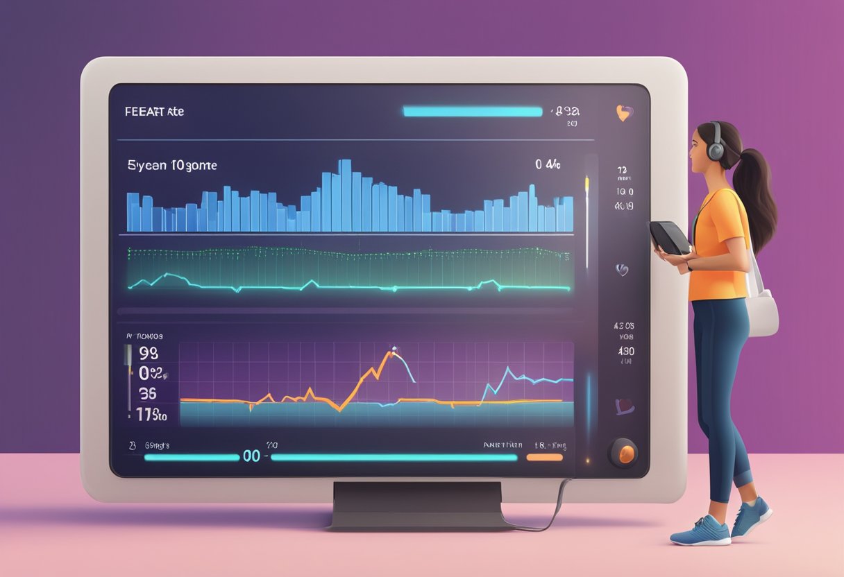 A heart rate monitor display shows "Frequently Asked Questions" while a walking figure is visible on the screen