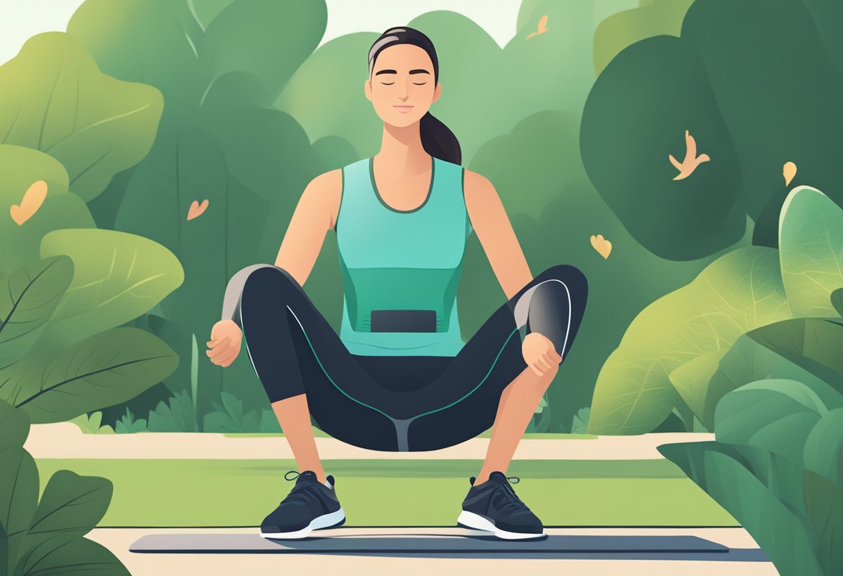 A person exercising with a calm expression, surrounded by greenery and fresh air, with a heart rate monitor showing a lower heart rate