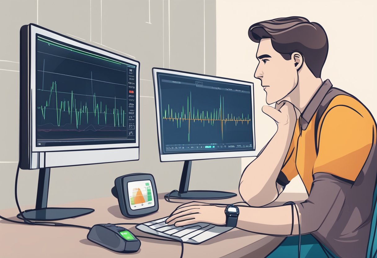 A person with a concerned expression looking at a heart rate monitor, with the screen showing a rapid and irregular heartbeat