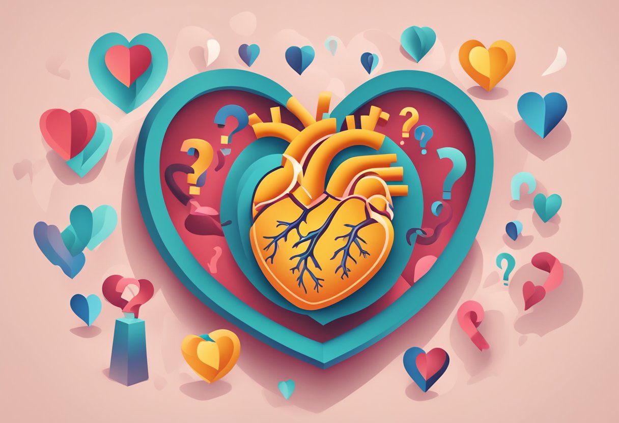 A heart surrounded by question marks, representing chronic ischaemic heart disease FAQs