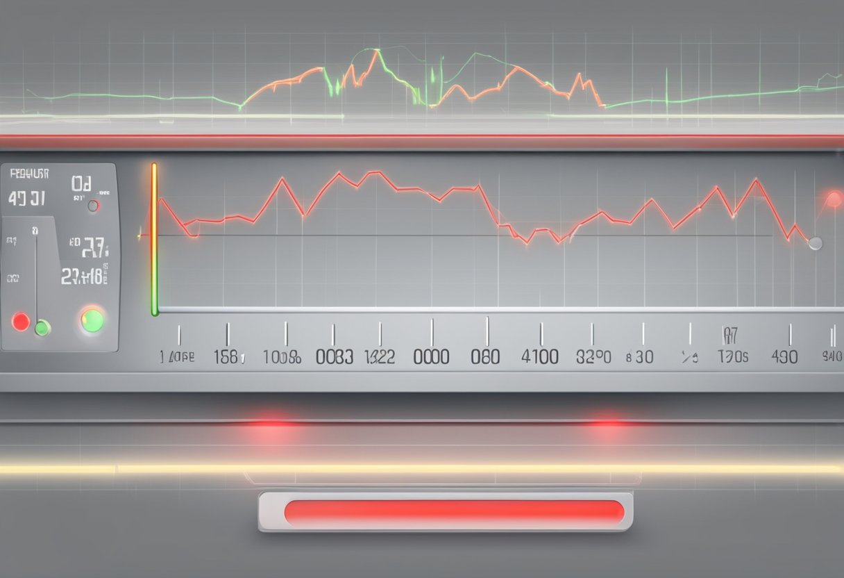 A heart rate monitor beeping rapidly, with a flashing red warning light