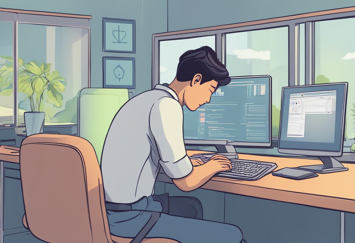 A person sitting at a desk with a worried expression, staring at a computer screen with the words "How to stop heart palpitations" in bold letters