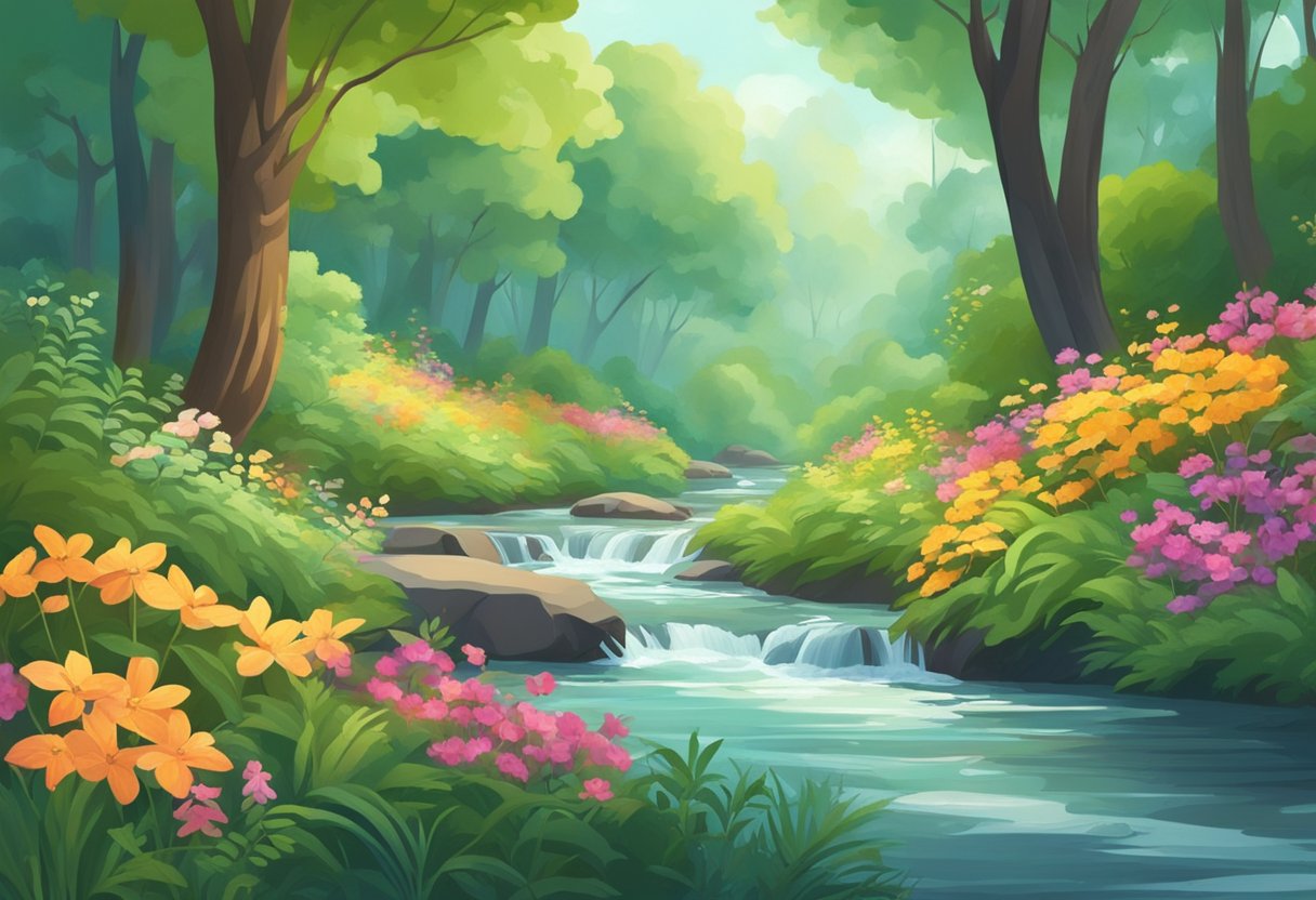 A serene forest with a winding stream, surrounded by lush greenery and colorful flowers. A gentle breeze rustles the leaves, creating a peaceful atmosphere