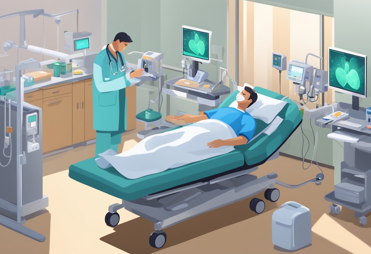 A doctor administers medication to a heart failure patient in a hospital room. Medical equipment and monitors surround the patient's bed